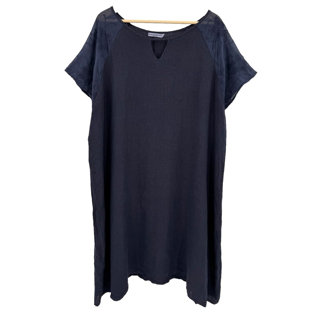 Martina Innocenti 100% linen Dress Womens 2X Navy Blue Embroidered Lagenlook